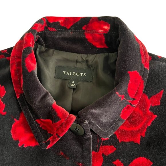 Talbots Black Red Floral Velvet Jacket Size 8 Roses Hidden Buttons Holid… - Picture 15 of 15